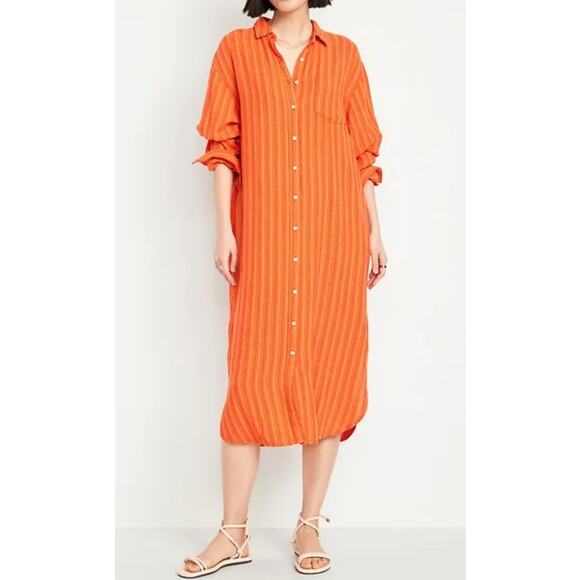 Old Navy Orange Striped Midi Shirt Dress, Women’s Size S - Picture 1 of 7